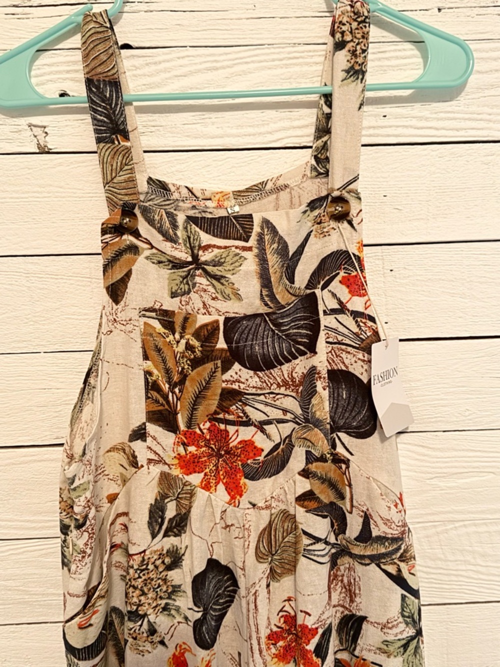 Floral Linen Blend Women's Jumpsuit - Cream with Orange & Green Print - Picture 2 of 6